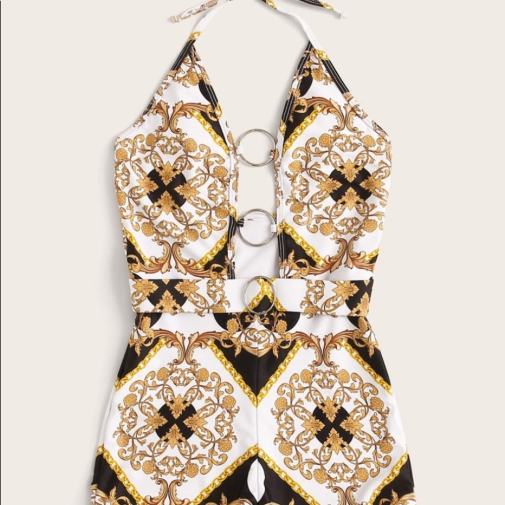 Versace inspired print belted halter play suit